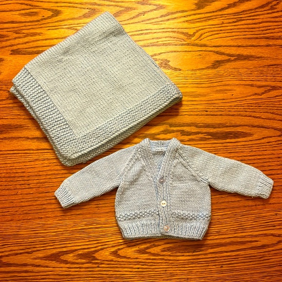 Handmade Other - New Handmade Knitted Newborn Blue Cardigan Sweater & Blanket Set